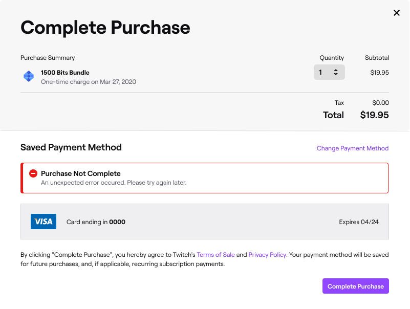 Which payment methods are available for Twitch TV?