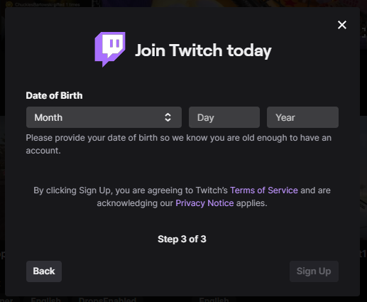 Creating an Account with Twitch